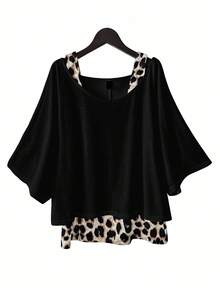 SHEIN Essnce 大码女式纯色宽松T恤和豹纹背心休闲两件套 - 彩色 - 查看 1