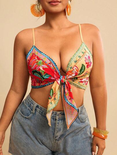 Travachic Plus Size Women Floral Print Tie Front Cropped Camisole