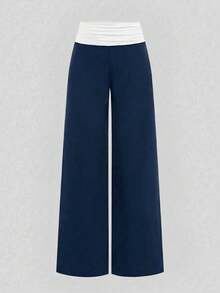 Tween Girls' Casual Contrast Foldover Waist Wide Leg Sweatpants, Spring/Summer Back To School Season - Blue and White - View 5
