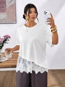 Lounesse Áo thun nữ cỡ lớn cổ tròn tay ngắn phối ren màu trắng, thích hợp mặc đi làm hàng ngày. - trắng - Xem 5