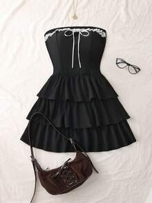 SHEIN Franclia Vestido elegante de bloque de color con hombros descubiertos y sin tirantes - Negro - Ver 6