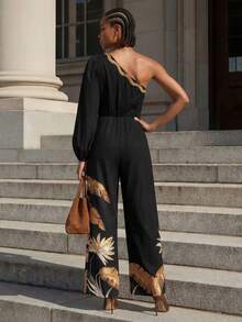 CAJUNI 时尚度假金棕榈单肩连体裤 - 黑色 - 查看 2