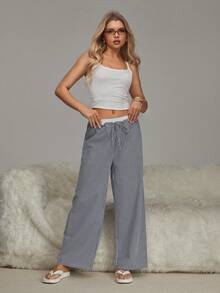 HautHeat Women's Plaid Wide Leg Loungewear Bottoms - Black and White - View 7