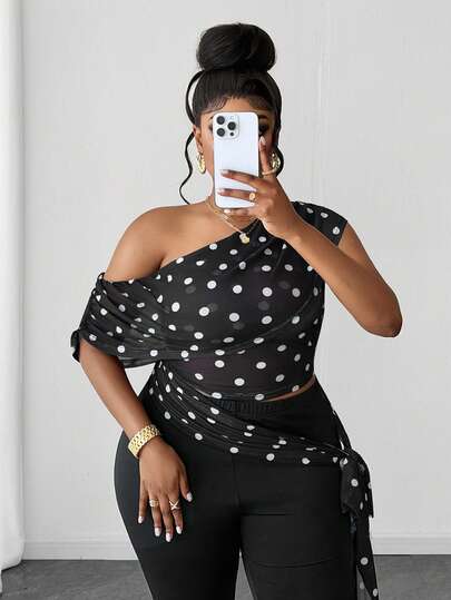 Maweii Plus Size Street Romantic Casual Polka Dot Print Asymmetric Collar Top And Solid Color Pants 2-Piece Set