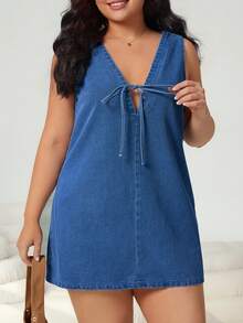 Solflare Đầm denim không tay buộc dây phía trước tối giản dáng rộng mùa hè, thích hợp cho nữ, dự tiệc, đi làm, nghỉ lễ, tốt nghiệp, phong cách Y2K, dễ thương, thời trang đường phố, dự tiệc cưới, thanh lịch, công sở, thường ngày. Đầm mini denim không tay màu xanh dương dáng rộng cho nữ, cổ chữ V buộc dây phía trước, nhẹ nhàng, phong cách mùa hè. Đầm mini denim dễ thương, đầm tank denim mùa hè, đầm denim kiểu Pháp, đầm thường ngày dễ thương, sang trọng. - Rửa trung bình - Xem 6