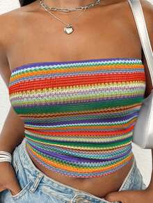 SHEIN CURVE+ Áo quây bó sát kẻ sọc tương phản dành cho nữ cỡ lớn, thích hợp cho kỳ nghỉ hè. - Nhiều màu - Xem 1
