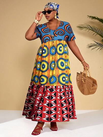 BrightlyHer 大码女式圆领几何印花褶皱休闲日常连衣裙