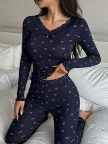 DAZY Lace Patchwork Floral Allover Print Lace Trim Top And Pants Pajama Set, Fall Winter Clothes - Blue - View 3
