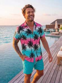 VIVINTIMO 男士夏季度假风格热带印花短袖衬衫和抽绳腰短裤套装，夏威夷 BeachModeOn 男士度假服装男士沙滩衬衫 - 彩色 - 查看 5