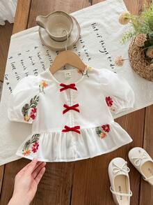 SHEIN Atasan Lengan Pendek Anak Perempuan yang Lucu dan Serbaguna untuk Musim Panas dengan Bordir Bunga dan Pita - Putih - View 4