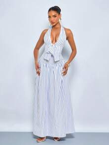 SOLERSUN 女士优雅蓝白条纹露背长裙，正面蝴蝶结，后背褶皱设计，夏季海滩派对优雅度假装扮 - 藍白色 - 查看 7