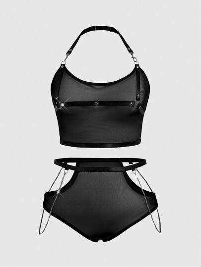 ROMWE Goth 加大码暗黑朋克音乐节网状金属环透明性感文胸和金属链丁字裤内衣