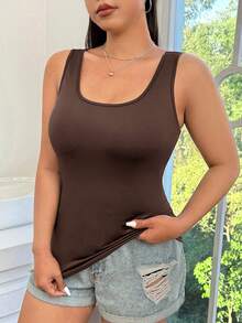 SHEIN EZwear 大尺碼巧克力棕色緊身圓領無袖休閒背心，夏季 - 巧克力棕 - 查看 4