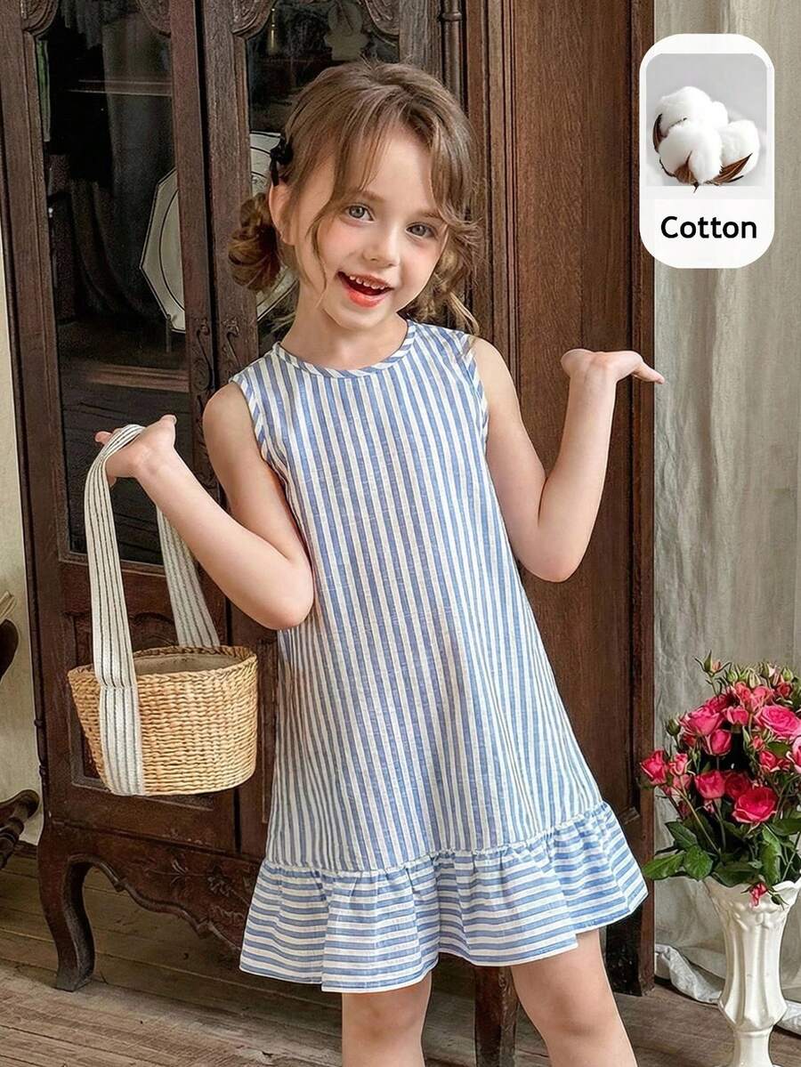 LMoss Kids 年轻女孩度假休闲时尚条纹无袖连衣裙 - 藍色 - 查看 1