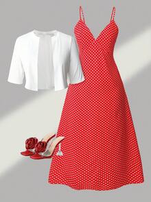 大码女式夏季法式复古波点吊带裙和白色针织短款开衫套装 - 紅色 - 查看 3