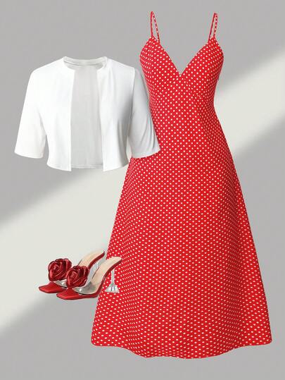 Auvina Plus Size Women's Summer French Retro Polka Dot Slip Dress And White Knit Cropped Cardigan Set