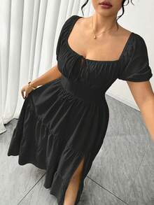 Elenzga Plus Size Women's Puff Sleeve Ruched Waist Flared Hem Split Hem Elegant Dress - Black - View 6