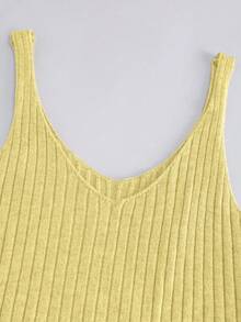 SHEIN New Casual Loose Fitted Sexy Elegant Elegant Solid Color Minimalist High-End Camisole Dress, Spaghetti Strap V-Neck Graceful Everyday Casual Date Style, Extremely Simple Charm, Gentle Lady, French Lazy, Retro Relaxed Feeling, Commuting Workplace, Home Holiday, Women Knitted Khaki Ribbed Sweater Dress - Light Yellow - View 8