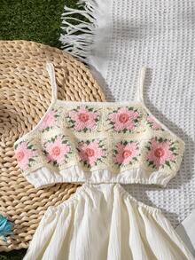 Vintaside Kids Young Girl Floral Pattern Ruffle Hollow Out Casual Vacation Slip Dress - White - View 7