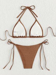 Swim Mod Conjunto de bikini de unicolor para vacaciones en la playa - Café integral - Ver 2