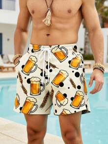 Manfinity Swimmode Men's Beer Print Drawstring Waist Beach Shorts, Vacation Style Beachwear For Men Vacation Men Beach Shorts Beach Wear For Men Beachwear Cute Style Casual Outdoor Beach Shorts, Hawaiian BeachModeOn Men Beachwear - Khaki - View 4