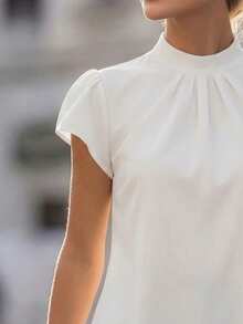 Balvessa New Arrival Spring/Summer Ruched Stand Collar Short Puff Sleeve Minimalist Solid Color Versatile Design Blouse For Women - White - View 4