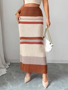 Elenzga 女士春夏新款弹力腰经典条纹时尚百搭休闲优雅修身长款针织裙 - 彩色 - 查看 6