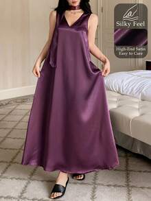 DAZY Elegant Satin Sleeveless Long Nightgown With Scarf Decor, Summer - Purple - View 4
