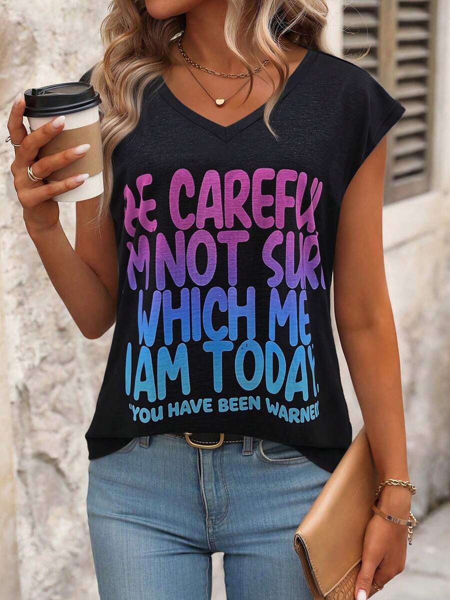 EMERY ROSE Women's V-Neck Slogan Print Casual Versatile Daily Wear T-Shirt - Black - View 1