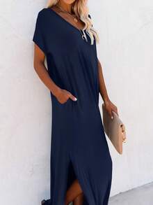 EMERY ROSE Women's Casual Solid Color Curved Hem Short Sleeve Mini Dress, Summer - Navy Blue - View 3