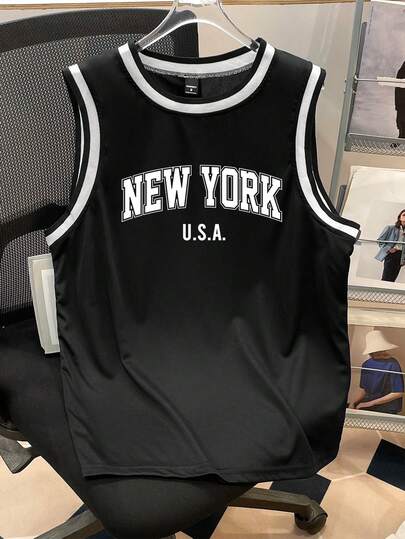 Manfinity Joysei 针织网眼字母印花男士无袖平纹针织背心，夏季