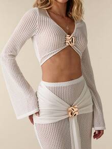 SHEIN BAE Bộ đồ 2 món dành cho nữ đi nghỉ mát biển: Áo croptop và chân váy ngắn. - trắng - Xem 8