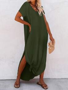 Louniche Women's Casual Solid Color High Slit Short Sleeve Midi Dress, Summer - Army Green - View 6