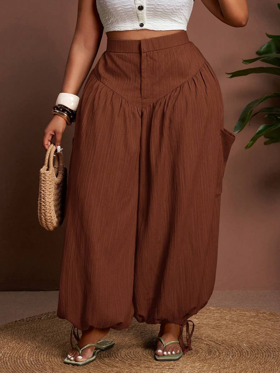 Veslaya 大码女式冬季纯色褶裥超阔腿裤，带抽绳裤脚，百搭款式，适合夏季/圣诞节/新年/感恩节/海滩/优雅场合/社交/通勤/日常/商务穿着 - 紅木色 - 查看 1