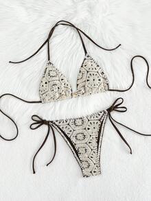 Swim SXY 性感女士挂脖三角比基尼上衣和系带比基尼下装套装，夏季沙滩装 - 彩色 - 查看 5