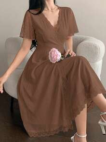 DAZY Knit Patchwork Polka Dot Mesh Lace Patchwork Waist V-Neck Women's Loungewear Dress - Brown - View 2