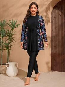 SHEIN Swim Plus Size Modest Swimwear 2-Piece Set, Long Sleeve Printed Dress + Long Pants, Style Concealing Swimwear - Black - View 4