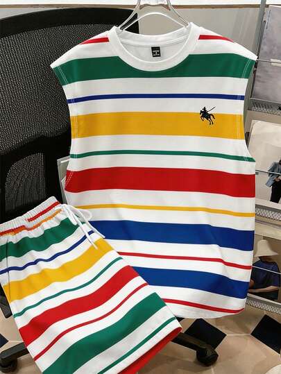 Manfinity Joysei Standard Size Men's Fashionable Colorful Striped Vest Set, Suitable For School, Outings, And Home Wear