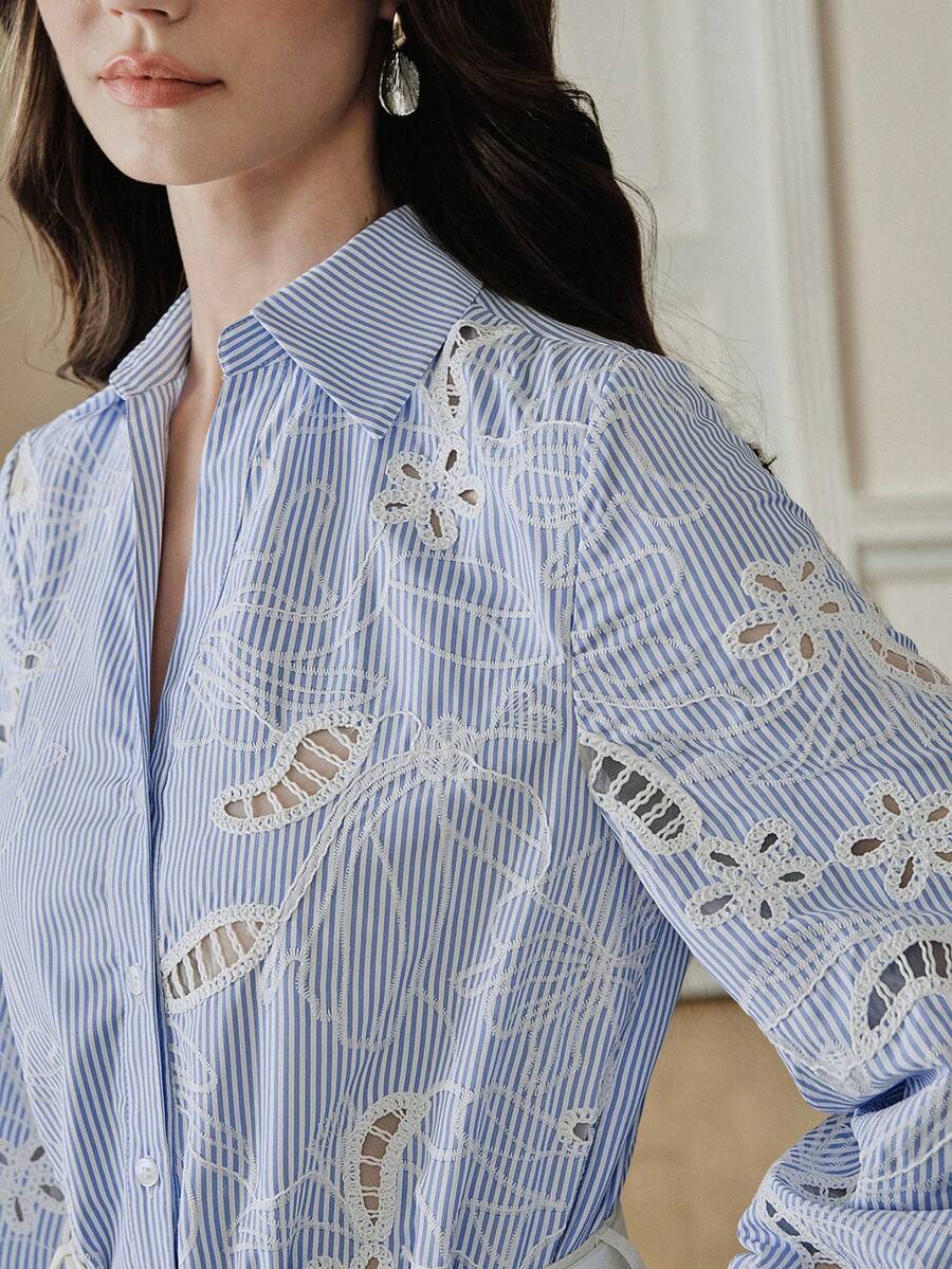 Anewsta Women's Elegant Unique Heavy Lace Embroidery Hollow Striped Blouse - Blue - View 1