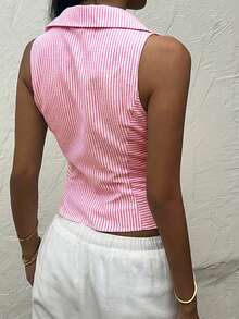 SHEIN EZwear 女士无袖修身粉色条纹衬衫，夏季女士衬衫，适合夏季商务休闲场合，粉色夏季上衣，女士无袖Polo衫，女士条纹上衣，粉色上衣，商务休闲女士上衣，女士夏季可爱衬衫，女士优雅休闲衬衫，女士新款衬衫，夏季时尚棉质可爱衬衫，女士春季服装 - 粉色 - 查看 2