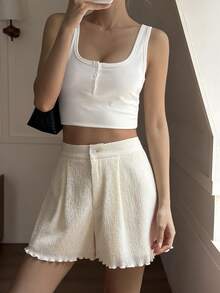 Livesso Women's Casual Solid Color Textured Shorts, Summer - Beige - View 9