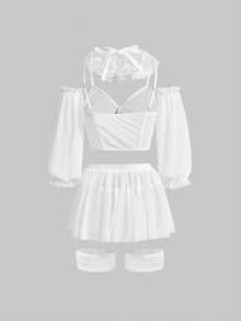 ROMWE Avant 8 Peças Conjunto de Lingerie Sexy com Temas de Horror Gótico, Incluindo Sutiã Bustier com Alças Finas, Tanga, Saia Mini de Tule, Gargantilha, Luvas e Ligas para Pernas, Acessórios de Cosplay de Palhaço de Filme de Terror - Branco - Visão 2