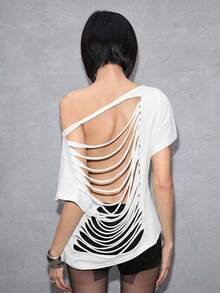ROMWE Grunge Punk Camiseta suelta de unicolor con diseño de cruz remachada con láser, estilo Y2K punk, versátil - Blanco - Ver 3