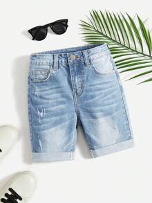 SHEIN Quần short denim xanh dương đơn giản, cơ bản, co giãn, ôm sát, chất liệu mềm mại, thích hợp mặc hàng ngày và mùa hè cho bé trai. - Rửa nhẹ - Xem 1
