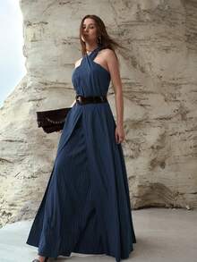 MOTF PREMIUM Đầm dài nữ bằng vải lanh, kiểu cổ yếm thắt nút xoắn, mùa xuân/hè. - Màu xanh hải quân - Xem 2