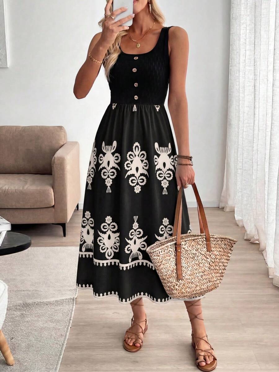 Breezaya Women's Vacation Style Printed Patchwork Sleeveless Bodycon Dress - Black - View 1