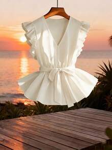 Lyxana Women's Solid Color V-Neck Cap Sleeve Elegant Blouse - White - View 1