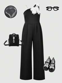 Tween GirlsCasual Loose Jumpsuit With 3D Floral Decor, Suitable For Spring, Summer, Autumn Daily Wear, Commuting, Back To School - Black - View 3