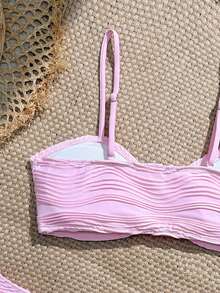 SHEIN Ensemble de 3 pièces de maillot de bain pour adolescentes, nouveau design bandeau d'été avec décoration d'étoile de mer, bikini texturé à taille haute avec jupe de plage en maille. Tenue de plage, baignade, source chaude. Couvre-maillot de bain rose, maillot de bain rose, tenue d'été pour fille, ensemble de plage rose - Rose bonbon - Voir 5