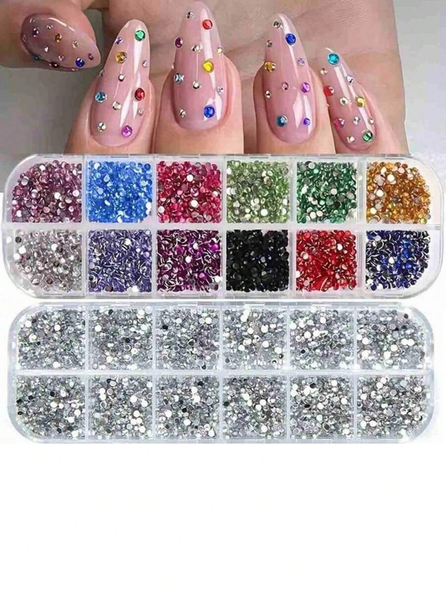 12-Size Multi-Colored Rhinestone Nail Art, 3D Acrylic Nail Art Stones, Gemstones, Pearls, DIY Nail Art Decorative Accessories, Nail Art Supplies, Nail Art Jewelry - Multicolor - View 1